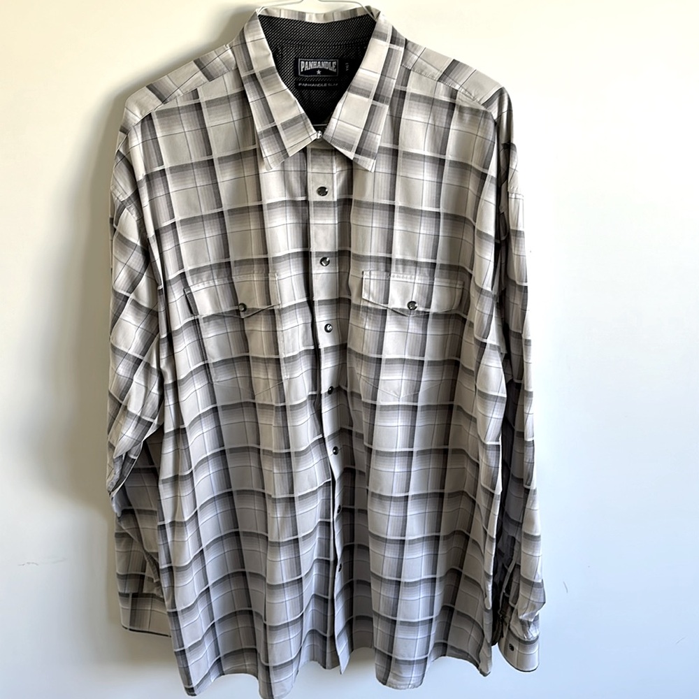 Panhandle Slim Men's Pearl Snap Beige Gray Plaid Cotton Western Shirt Size XXLT
